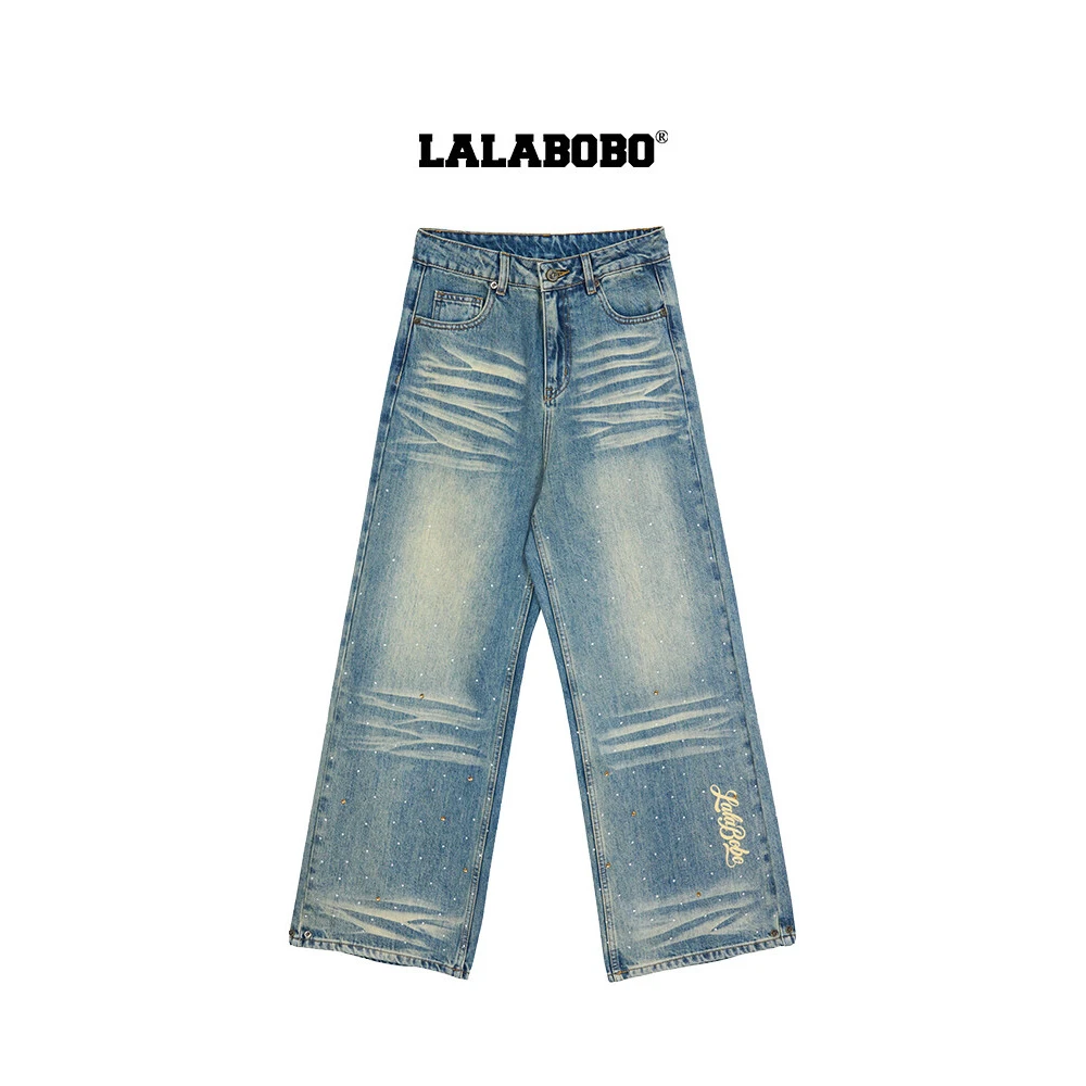 金源LALABOBO复古烫钻纯棉牛仔裤2025春夏新款翅膀个性阔腿裤LBEA