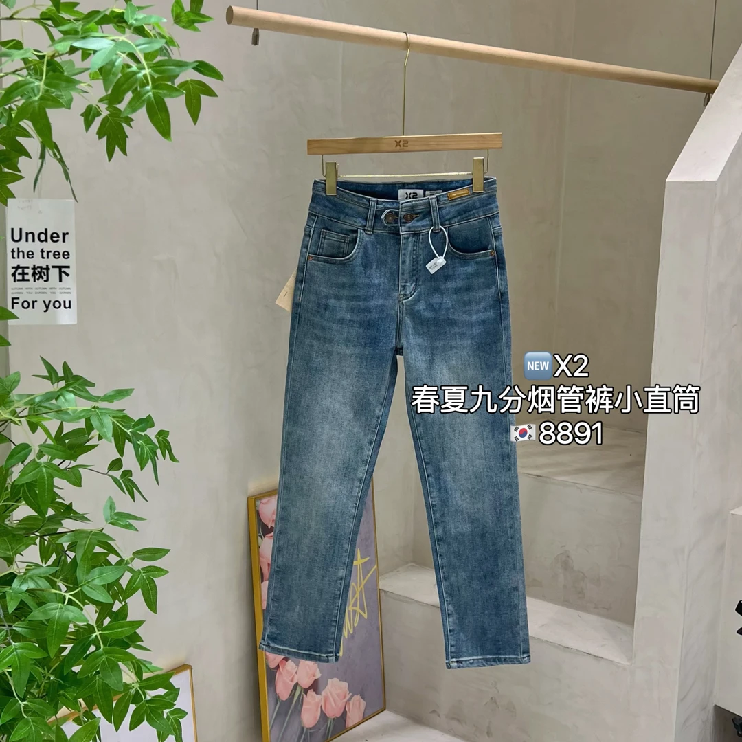 X2断码九分烟管裤女弹力显瘦牛仔裤直筒蓝色高腰新款百搭女款夏季