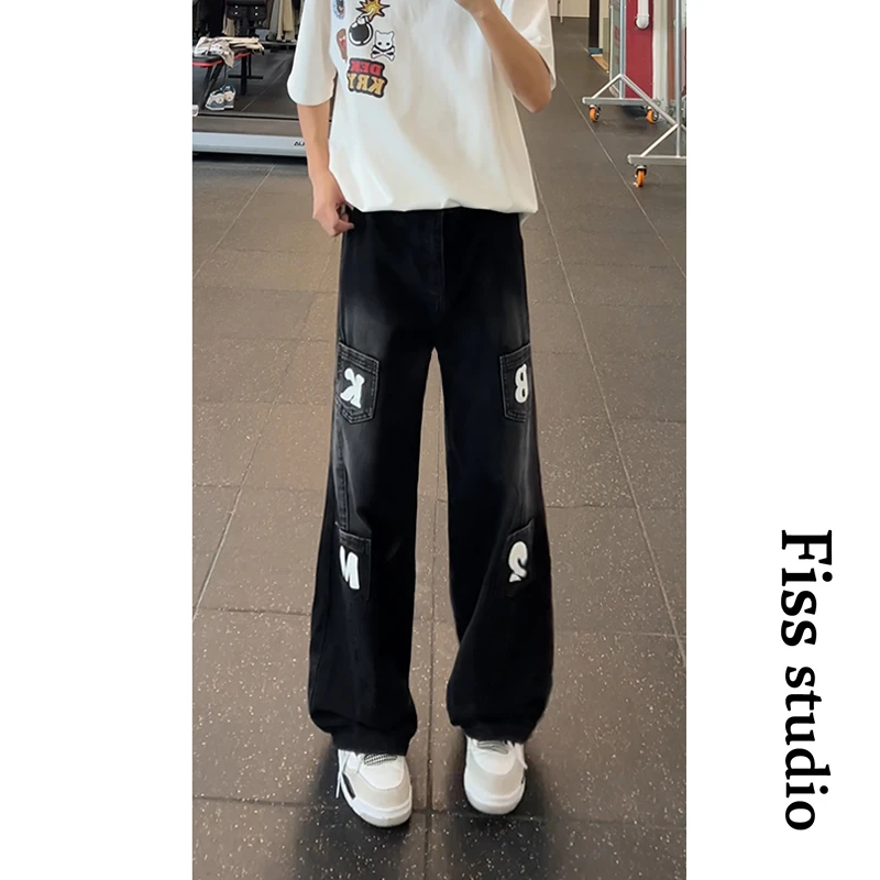 美式高街潮流印花黑色牛仔裤男女hiphop宽松阔腿裤直筒裤子