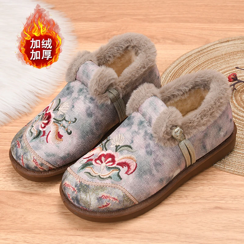 棉鞋女刺绣牡丹加绒加厚冬季特厚防滑耐磨雪地靴软底休闲室内鞋