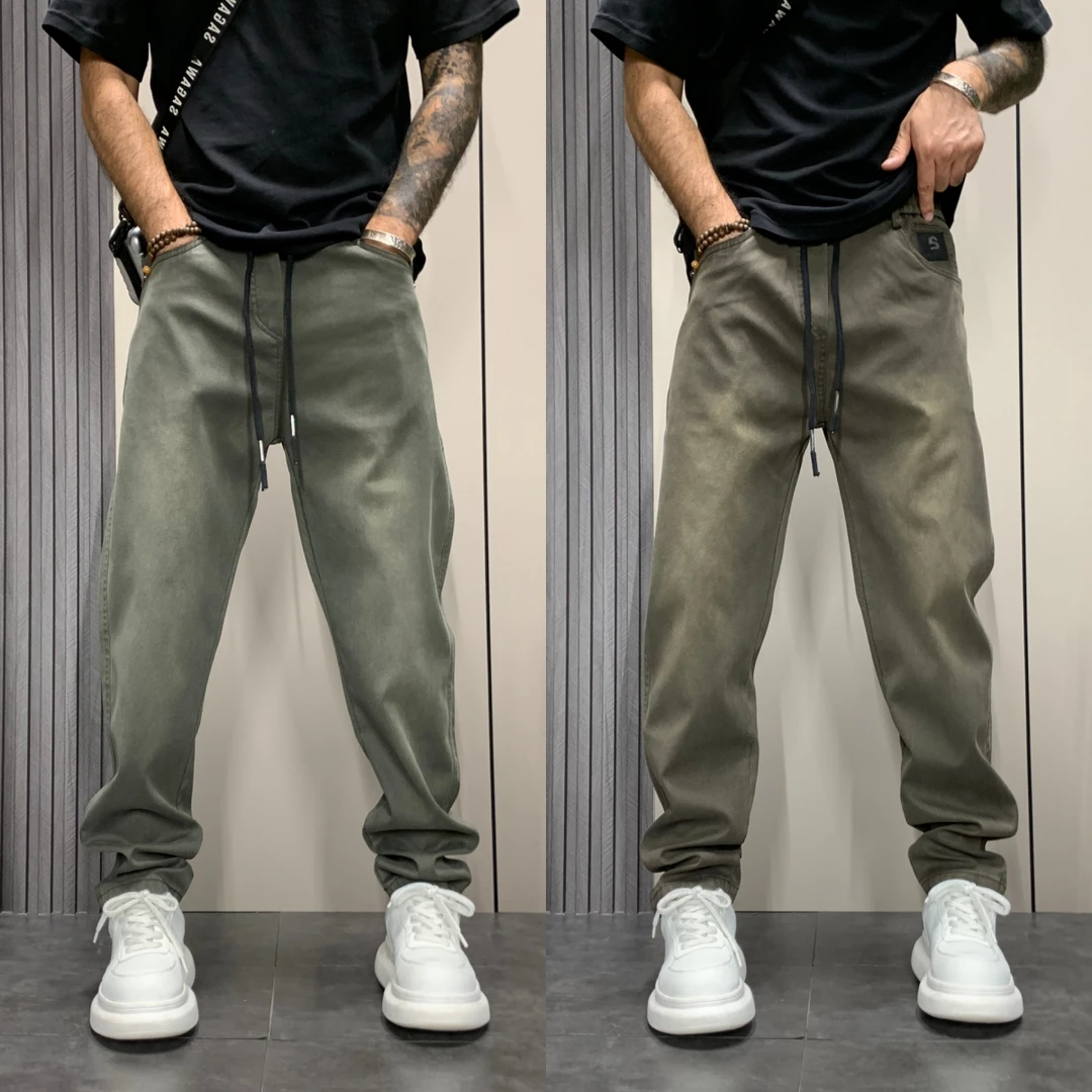 直筒修身男士休闲裤2025秋季新款潮牌绿色微锥裤痞帅百搭哈伦裤子