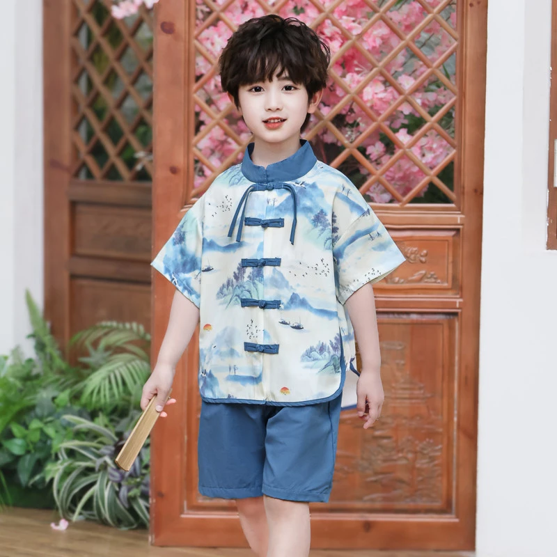 儿童汉服男童新中式国风套装夏季薄款帅气男孩演出服日常可穿唐装
