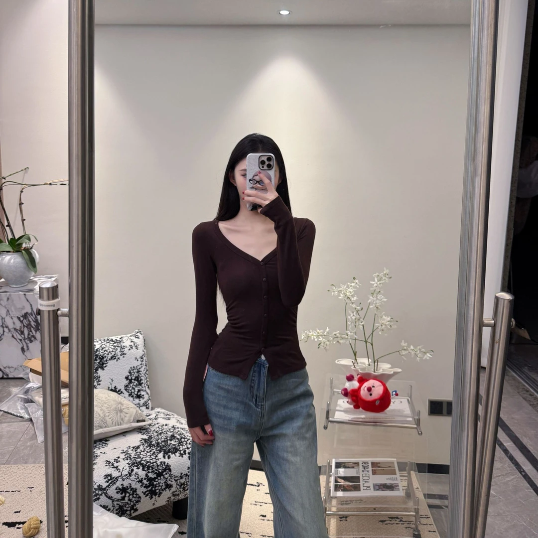 【雯雯自制】设计感打底衫女时尚修身显瘦V领收腰上衣针织衫WEN011