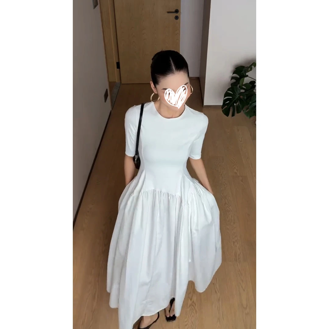 法式松弛感连衣裙女夏季新款白色收腰褶皱设计小众高级设计感裙子