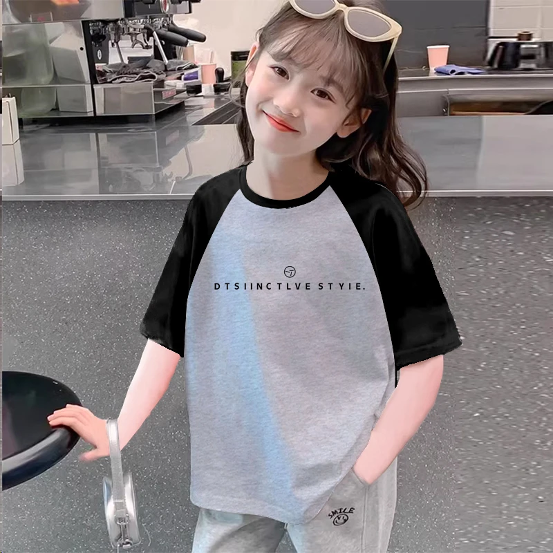 女孩纯棉t恤设计感2025新款夏装撞色中大童儿童洋气插肩百搭短袖