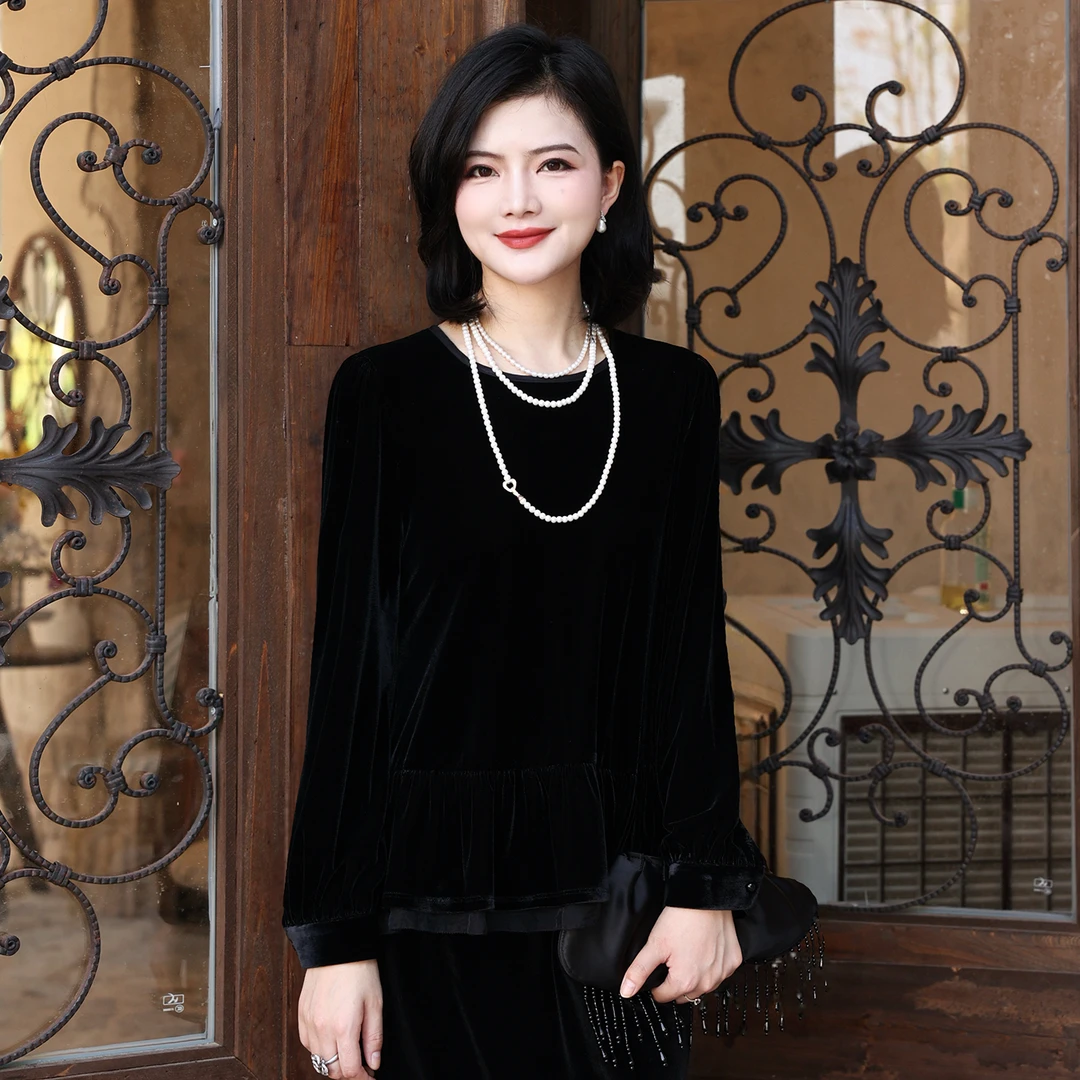 枫竺阿楠anan赫本风圆领丝绒拼接长袖衬衫女秋百搭显瘦高级感上衣