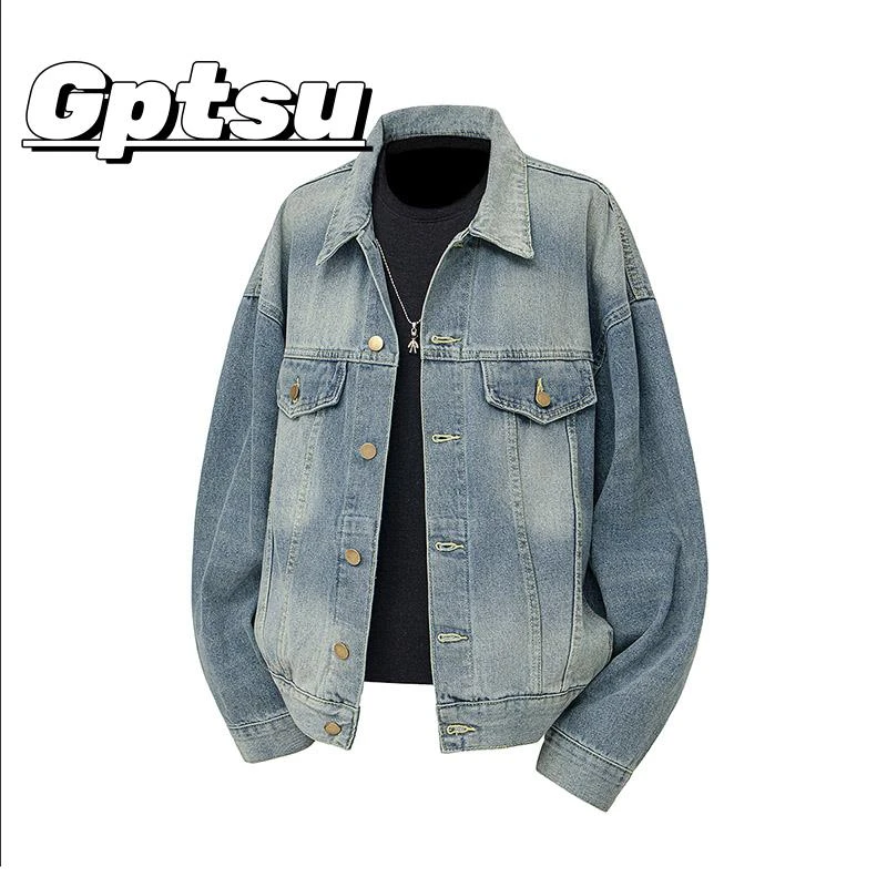 GPTSu复古水洗做旧牛仔外套男新款春秋美式韩版宽松休闲夹克上衣