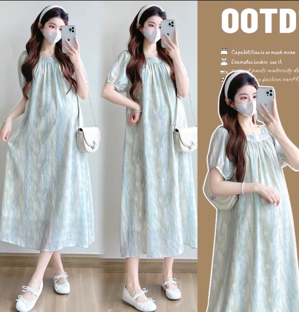 装2025夏季新款方领时尚百搭休闲中长款宽松泡泡袖孕妇裙子