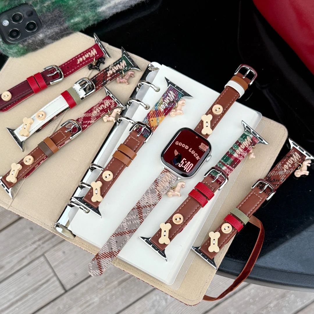 适用iwatchS10表带S11苹果手表S9细款圣诞款纽扣SE真皮S8秋冬女款
