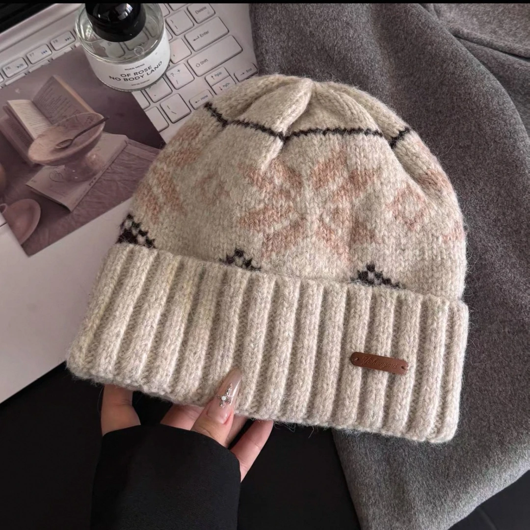 休闲针织帽休闲风包头帽秋冬帽子拼色雪花时尚