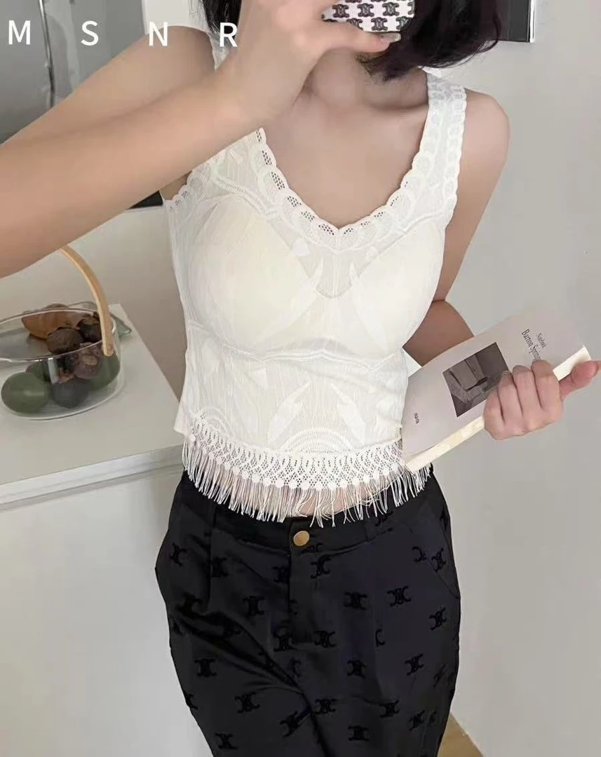 时尚宽肩带蕾丝流苏美背内衣女固定杯防走光修身吊带背心68006