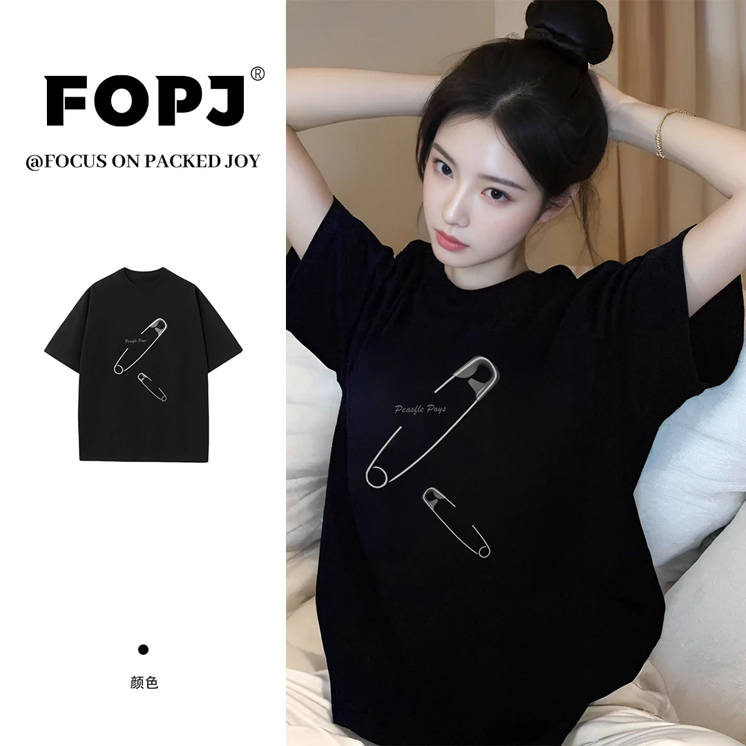 FOPJ夏季新款美式复古高街创意别针印花短袖t恤女慵懒风半袖上衣