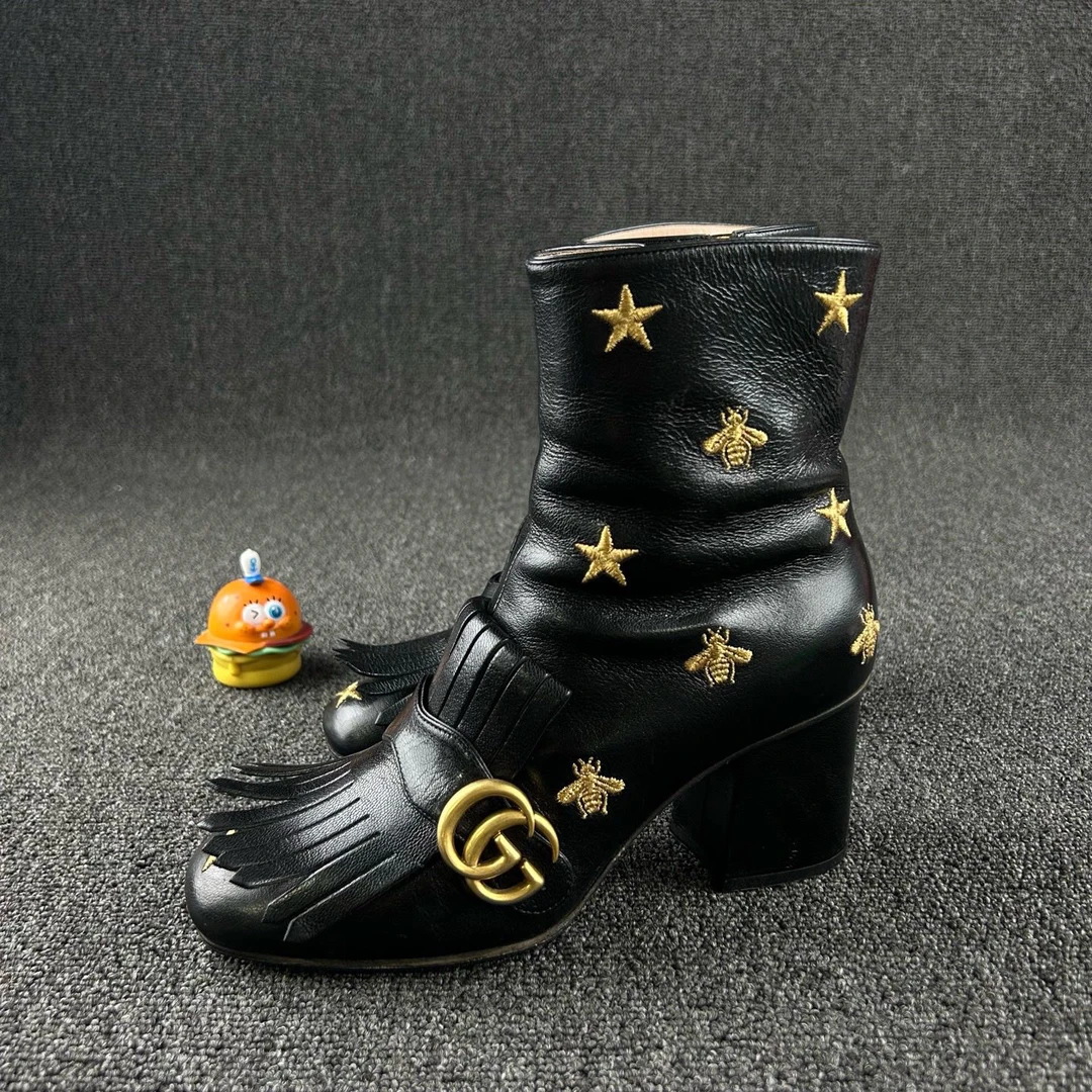 95新 GUCCI/古驰 蜜蜂刺绣短靴38.5码 HB4707