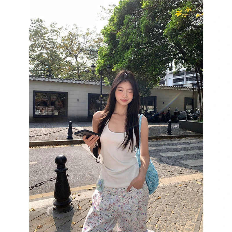 withmin凉皮 趣味夏日 欧若风简约纯色白色背心吊带上衣【2522289】