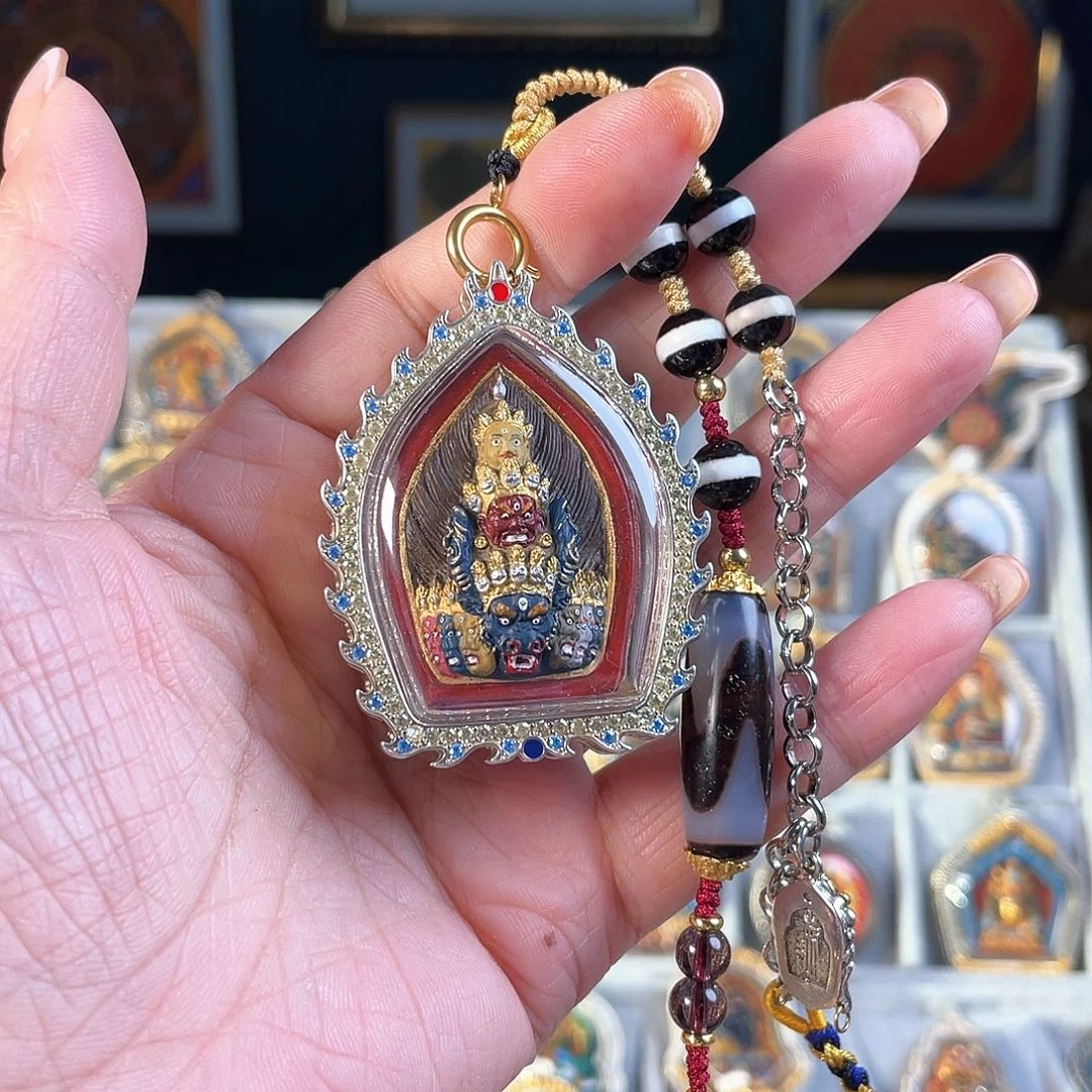 泥塑大威德手绘擦擦吊坠925银壳有绳礼盒