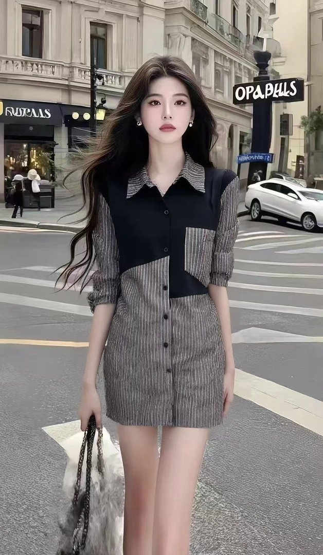 时尚新款氛围感休闲通勤风撞色拼接条纹衬衫领修身单排扣连衣裙女