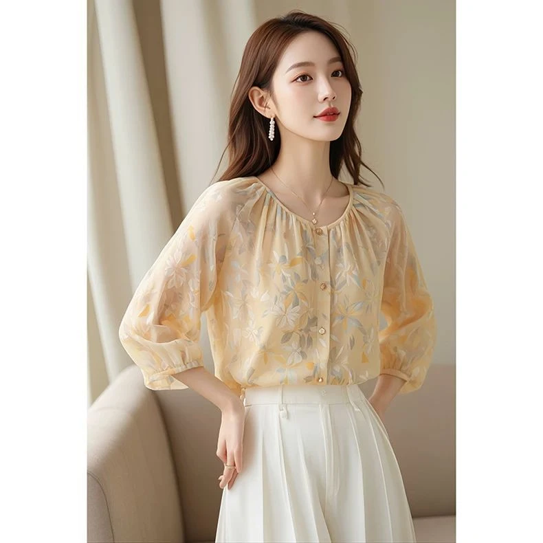 今年流行爆款独特漂亮小衫超好看碎花雪纺衬衫女春季2025气质洋气
