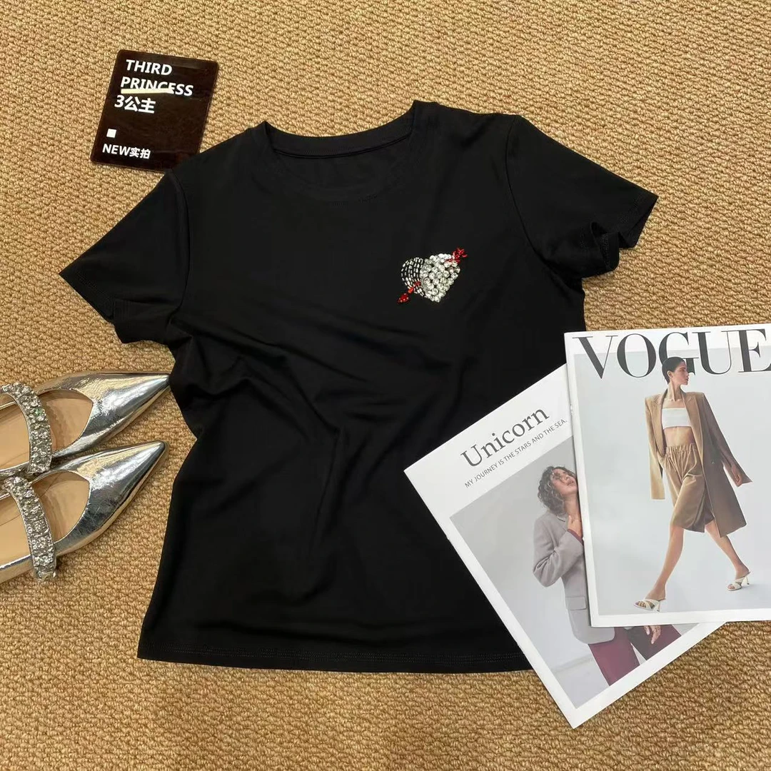 3公主ThirdPrincess 重工爱心 钉珠T时尚圆领夏季新款轻薄上衣