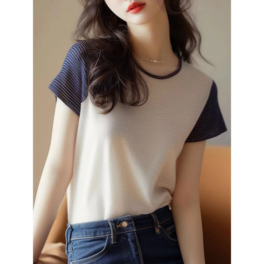 杏色条纹针织短袖T恤女2025新款欧货爆款小衫正肩显瘦上衣设计感