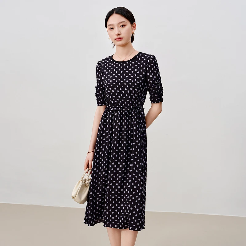 dunnu敦奴复古波点印花雪纺连衣裙女8T250979