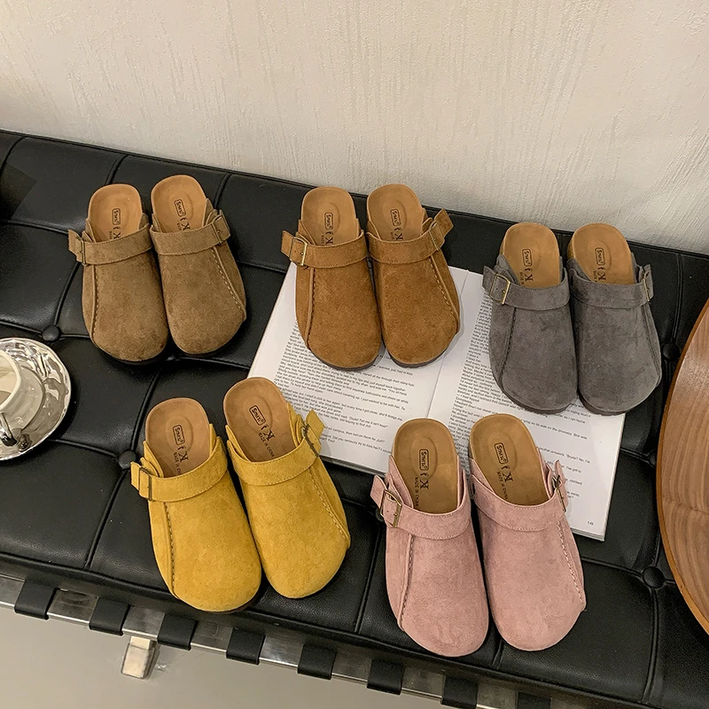 厚底简约勃肯鞋女2025秋冬新款舒适包头拖姜黄百搭懒人博肯钓鱼鞋