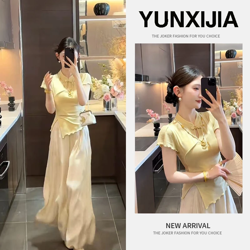 夏季爆款2025年新中式时尚套装轻熟风上衣短袖气质百搭长裙两件套