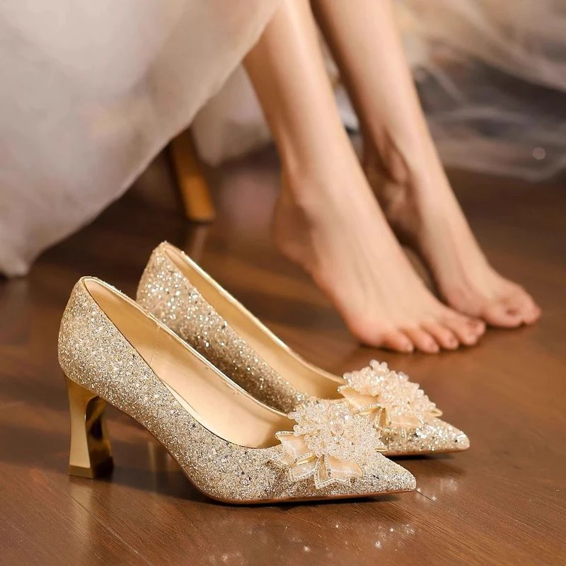 粗跟新娘鞋女法式主纱秀禾水晶鞋2025新款仙女风水晶鞋宴会礼服鞋