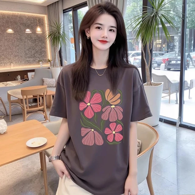2025新款夏季潮流宽松显瘦短袖T恤女印花圆领时尚休闲百搭上衣潮