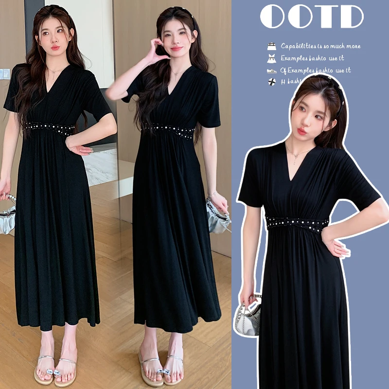 时尚孕妇装夏季新垂感针织V领修身显瘦钉珠莫代尔连衣裙长裙