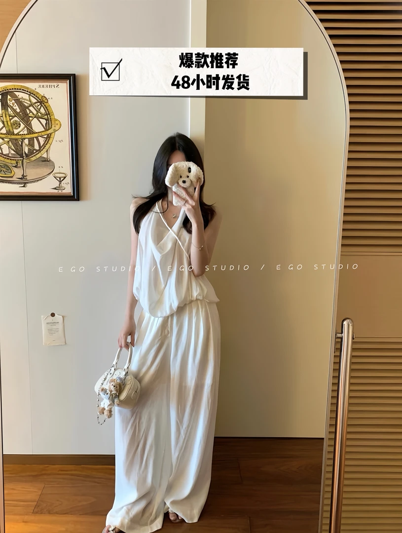 挂脖荡领露背背心出行长裤洋气两件套装夏季女装天丝麻阔腿长裤