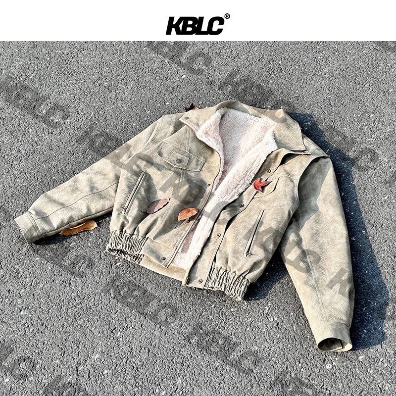 KBLC座山雕蟒纹立体解构机车外套毛领宽松情侣款洗水PU皮加绒夹克