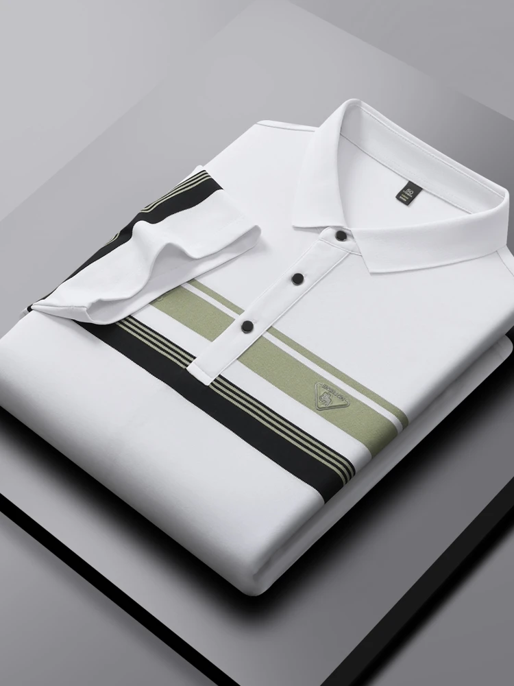 夏季2025新款男士潮流条纹短袖t恤男polo衫翻领高端商务时尚半袖