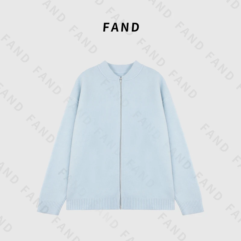 FAND品牌【小蓝人】秋冬时尚拼色圆领拉链开衫外套毛衣