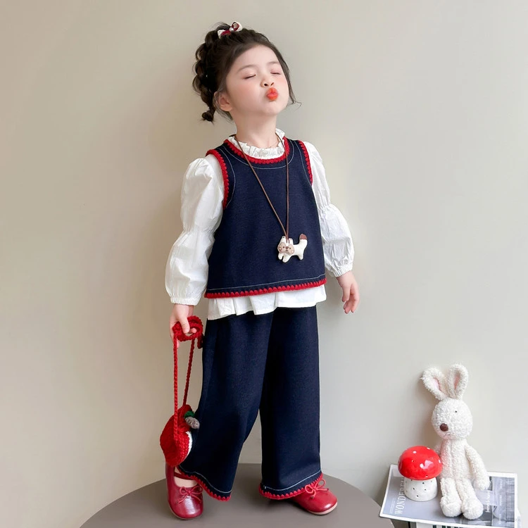 女童韩版套装2025新款儿童洋气时髦春秋款女宝宝马甲衬衫三件套潮