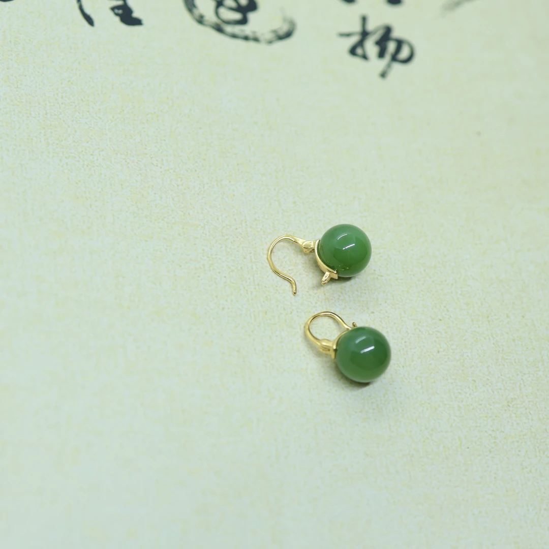 【小雅碧玉】和田玉碧玉10mm耳环粉绿荧光猫简约时尚妈妈