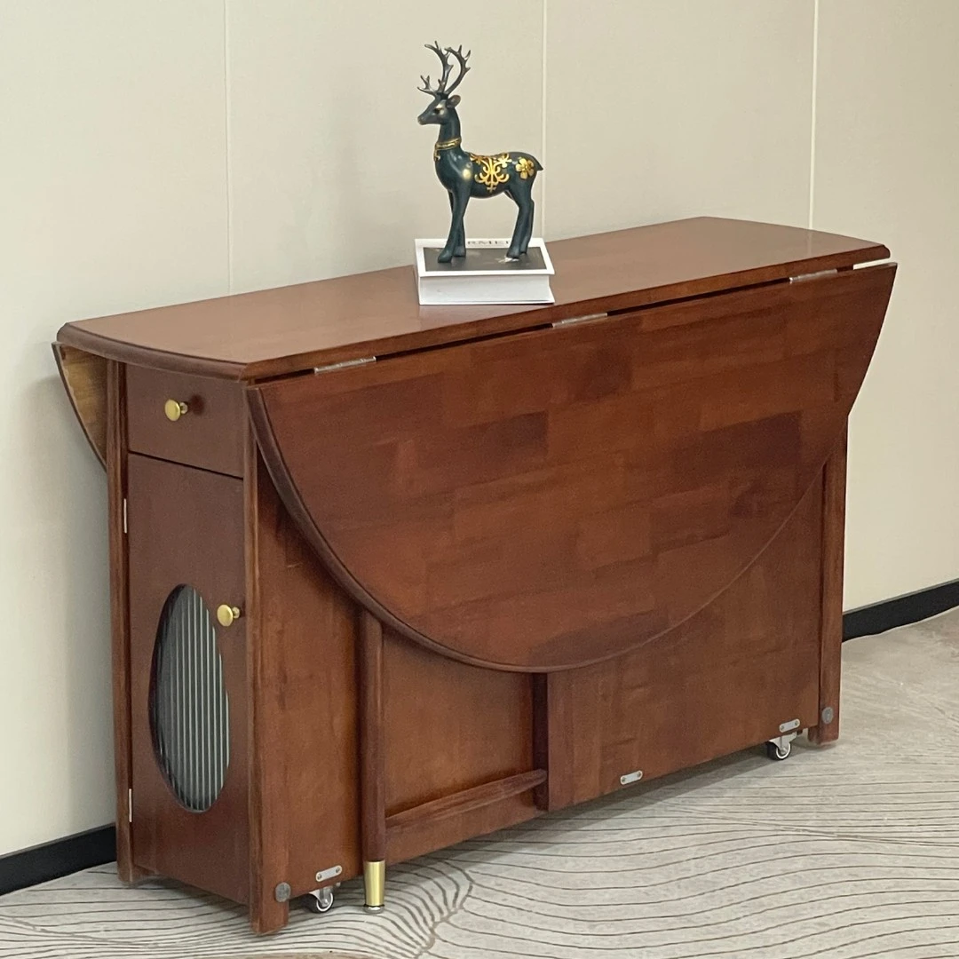 全实木小户型折叠餐桌椅组合家用圆形吃饭桌可移动新中式餐桌椅