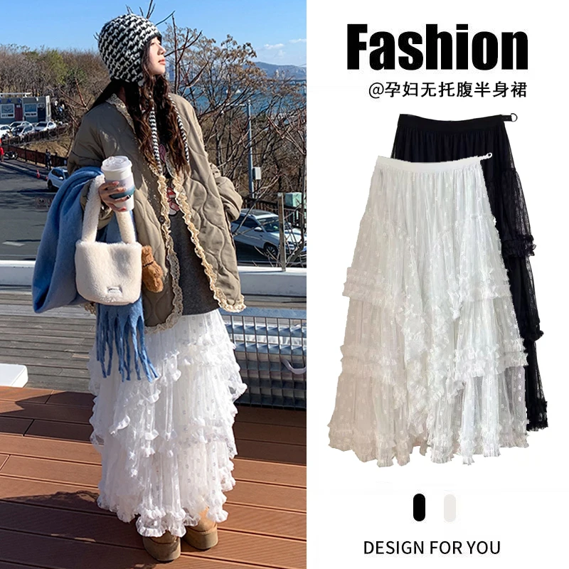 孕妈时尚春季新款重工白色蕾丝A字纱裙甜美孕妇无托腹半身裙