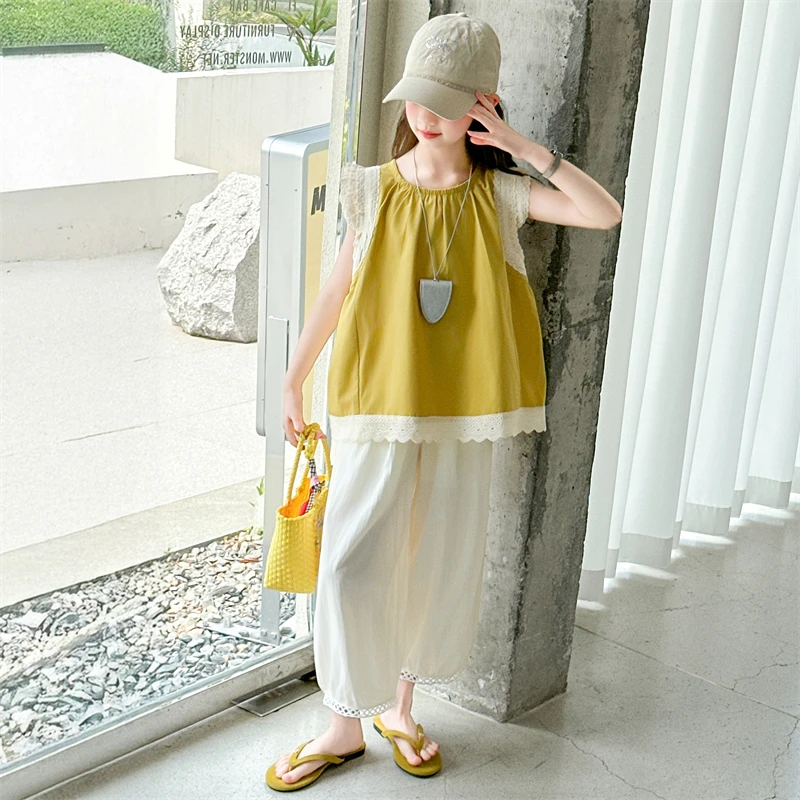 女童无袖套装夏2025新款女孩大童韩系娃娃衫甜美时尚阔腿裤两件套