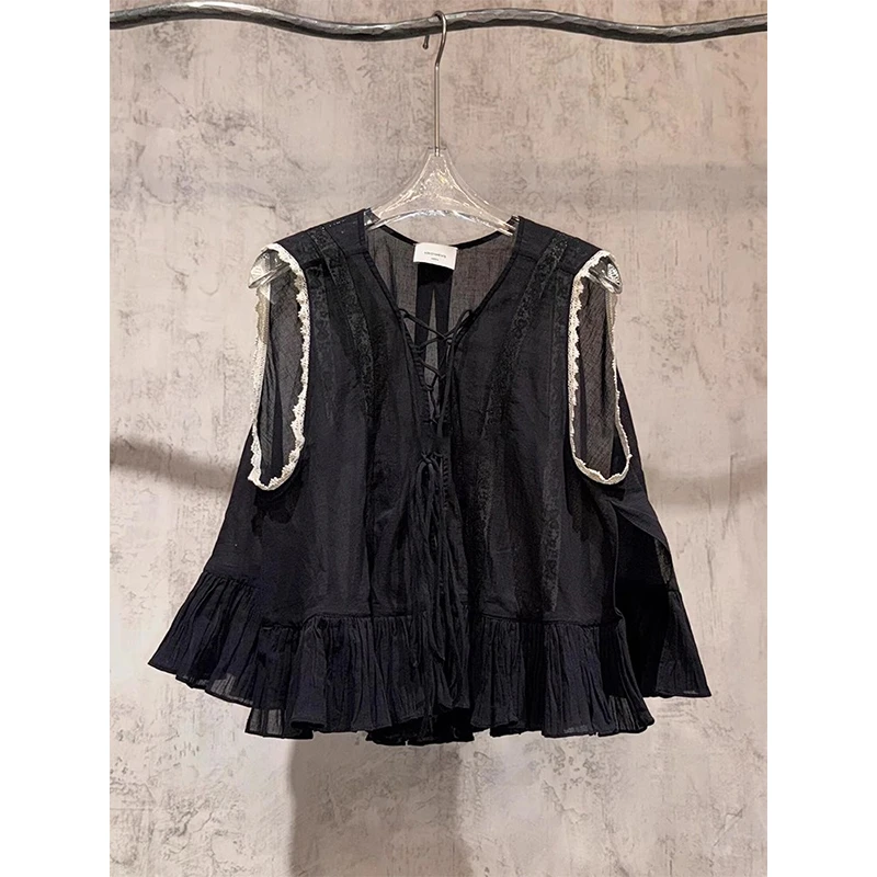 今年流行漂亮洋气欧货轻奢高级感超好看百搭宽松黑色无袖衬衫春季