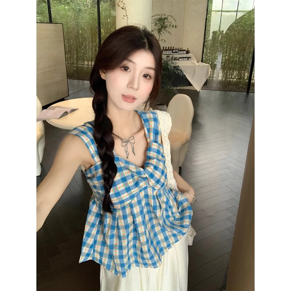 AMI.FS 蓝色格子扭结辣妹吊带女夏季气质露背无袖娃娃衫上衣外穿