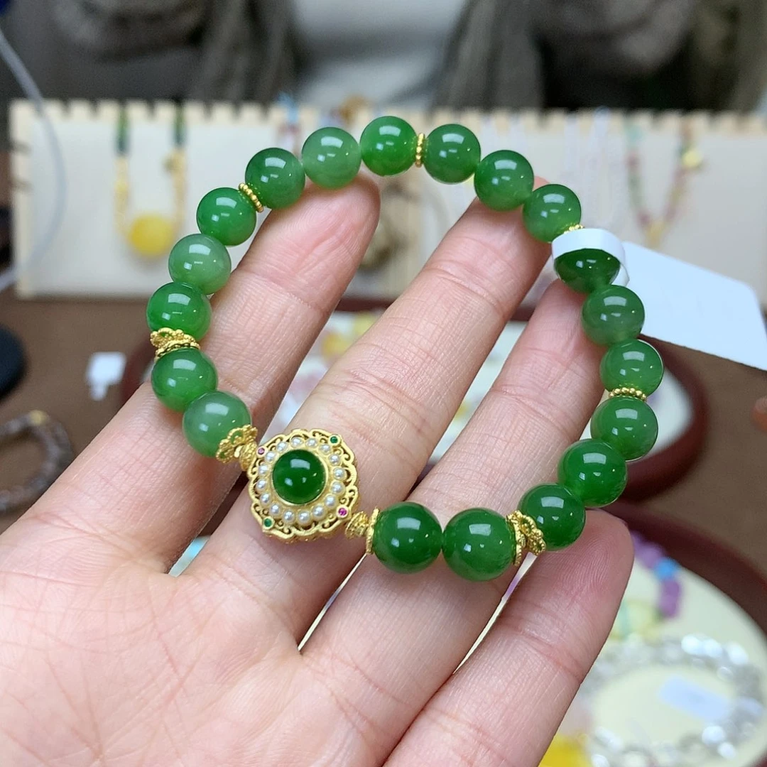 和田玉手链银S925镀金镶嵌