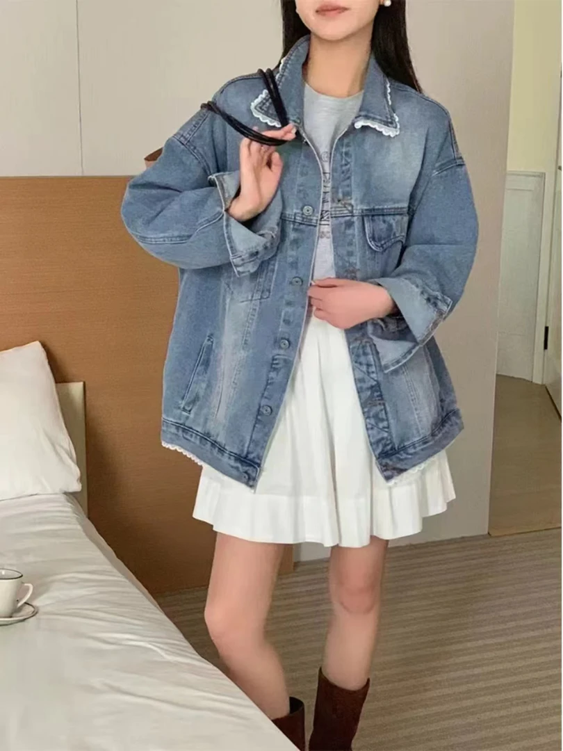春季甜美蕾丝边水洗微胖牛仔外套
