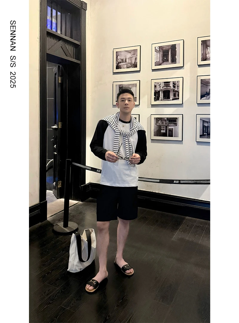 森男重磅插肩长袖t恤男春秋高级撞色拼接打底衫宽松圆领卫衣男女