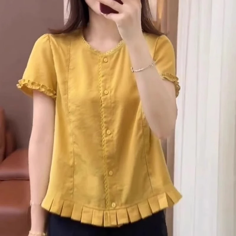 法式甜美下摆花边短袖衬衫夏季薄款胖MM大码女装时尚宽松显瘦上衣