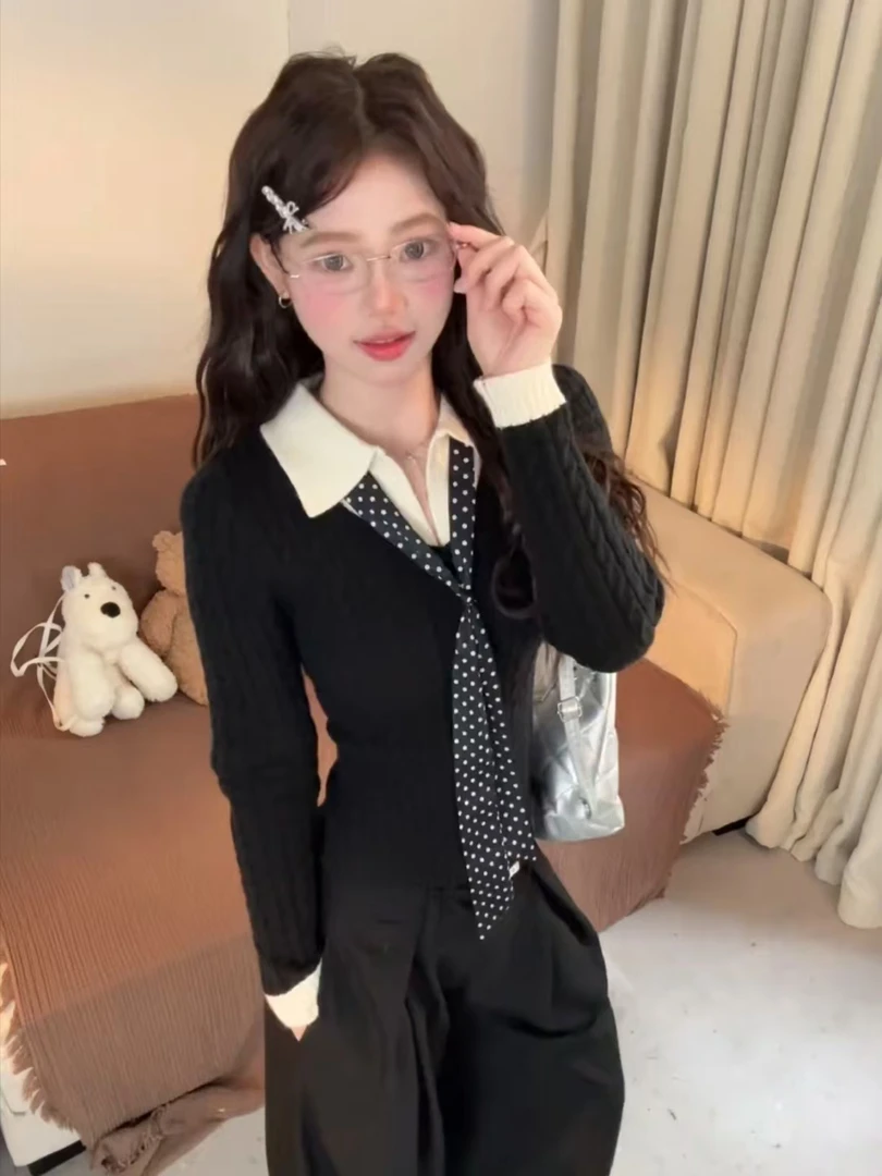 韩系黑色高级假两件针织衫女秋冬polo领毛衣内搭修身短款长袖上衣