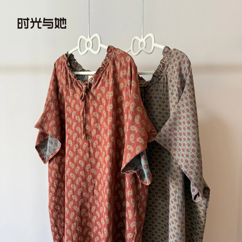 粉丝福利丨领口系绳款双层纱色织提花睡裙柔软透气短袖大家居服