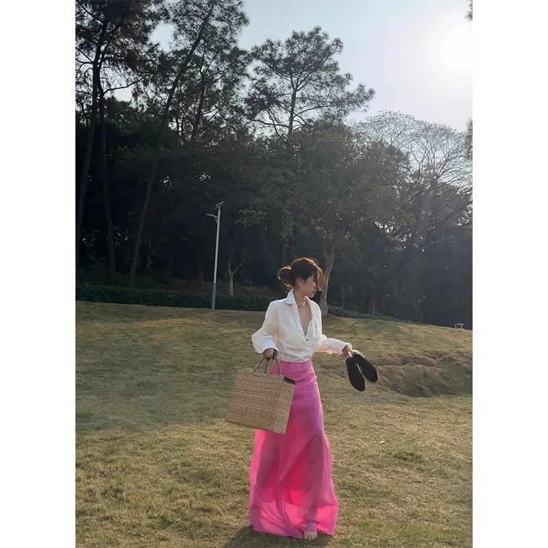 高级感白色V领长袖衬衫上衣女2025秋季新款显瘦玫红半身裙两件套