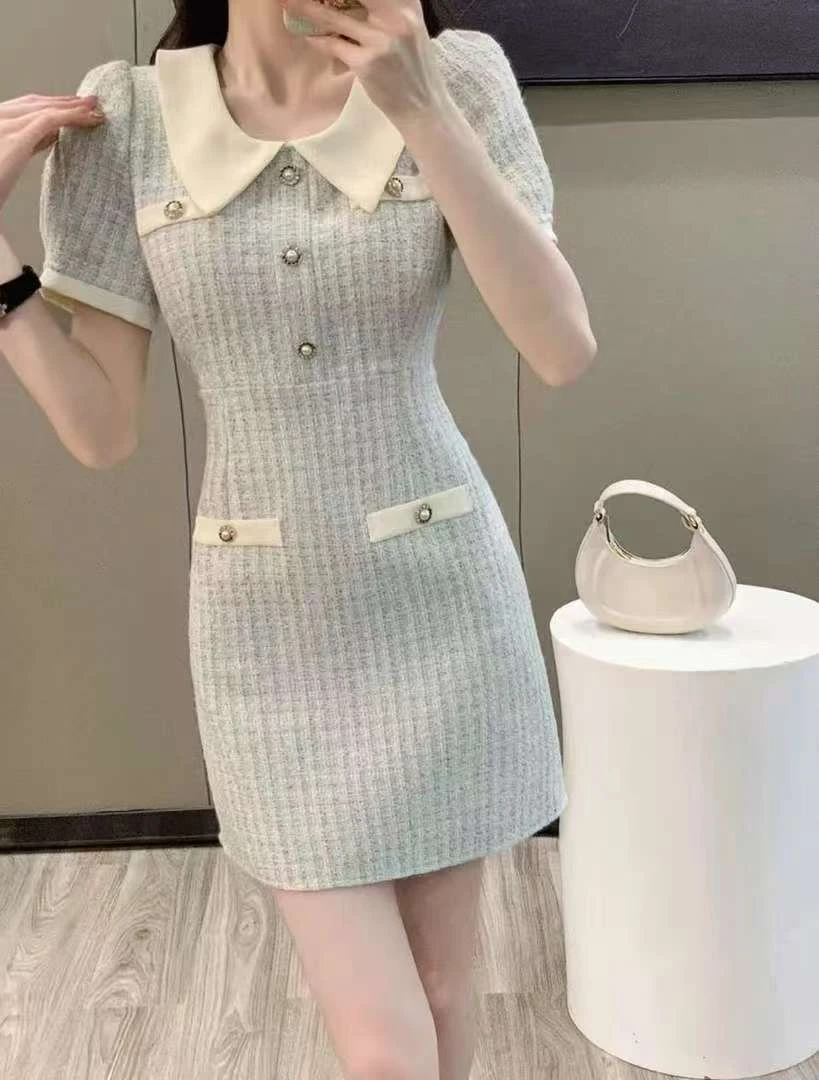 法式小香风短袖连衣裙夏季新款气质名媛高级感短裙小个子薄款