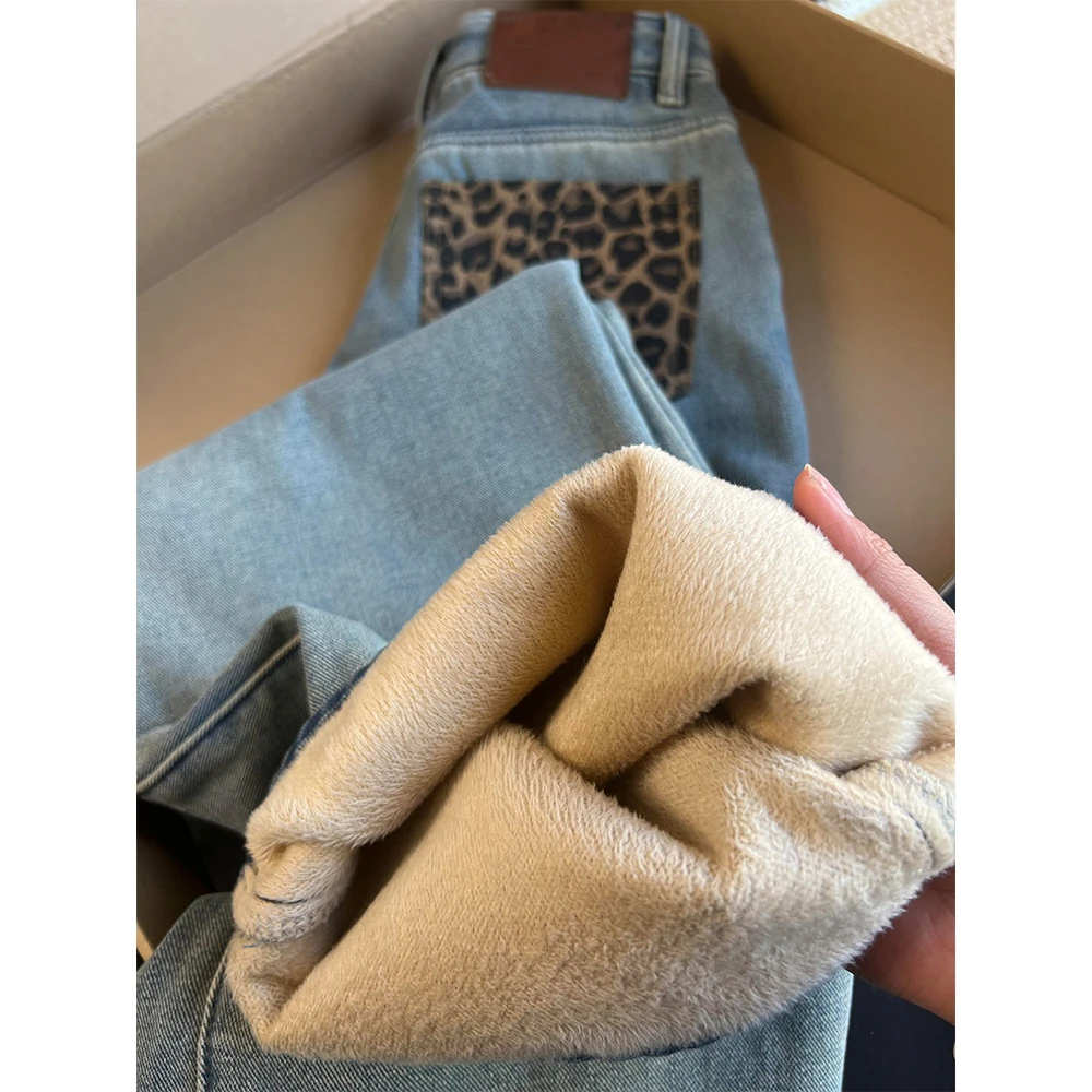 大码豹纹拼色加绒牛仔裤女2025秋季新款高腰宽松百搭直筒拖地长裤