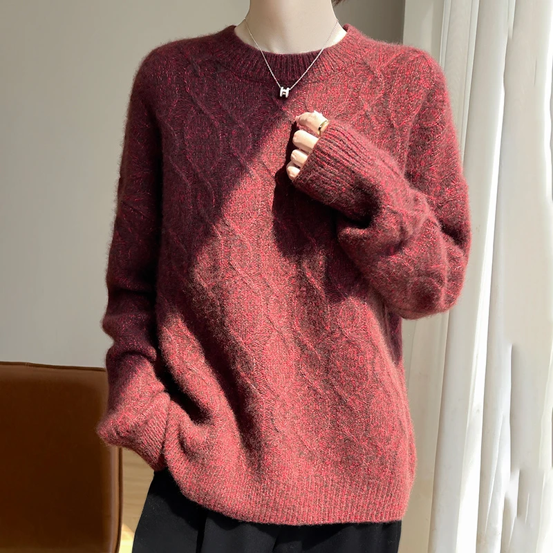 三股花纱加厚重磅扭花桑蚕丝山羊绒毛衣女士宽松圆领针织潮牌时尚